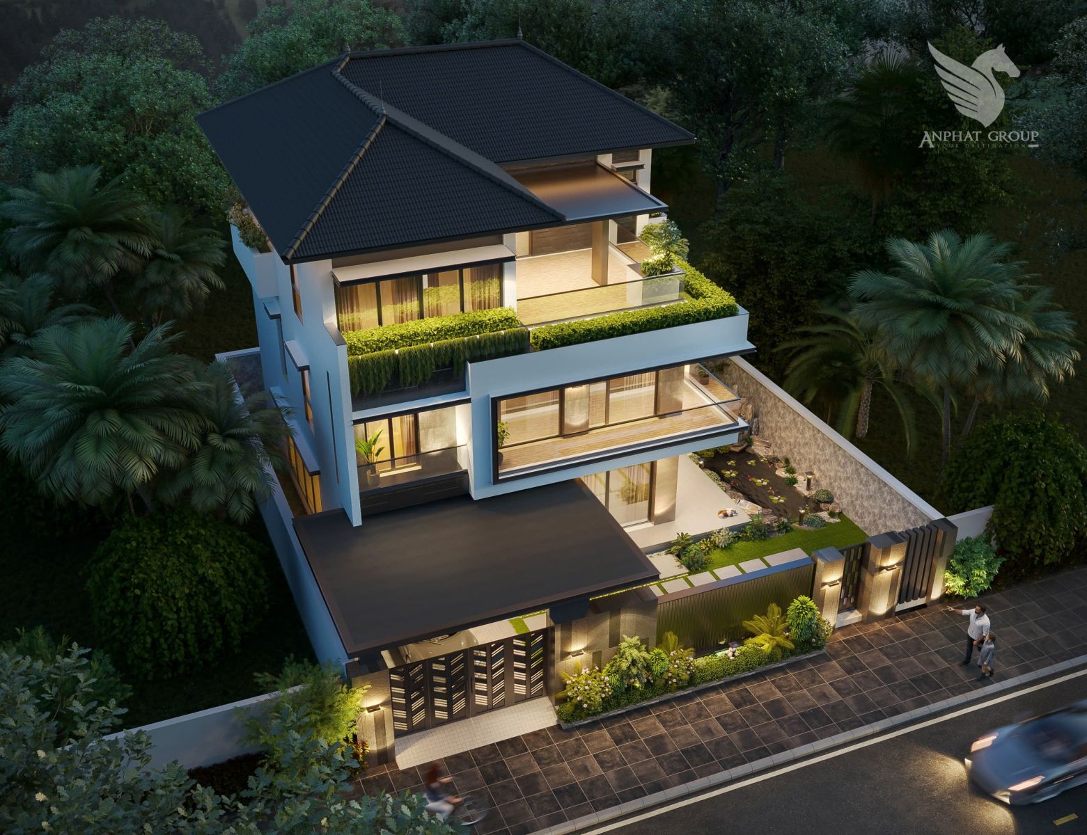 Phối cảnh tổng thể nhà 3 tầng hiện đại biệt thự mái nhật 4 phòng ngủ