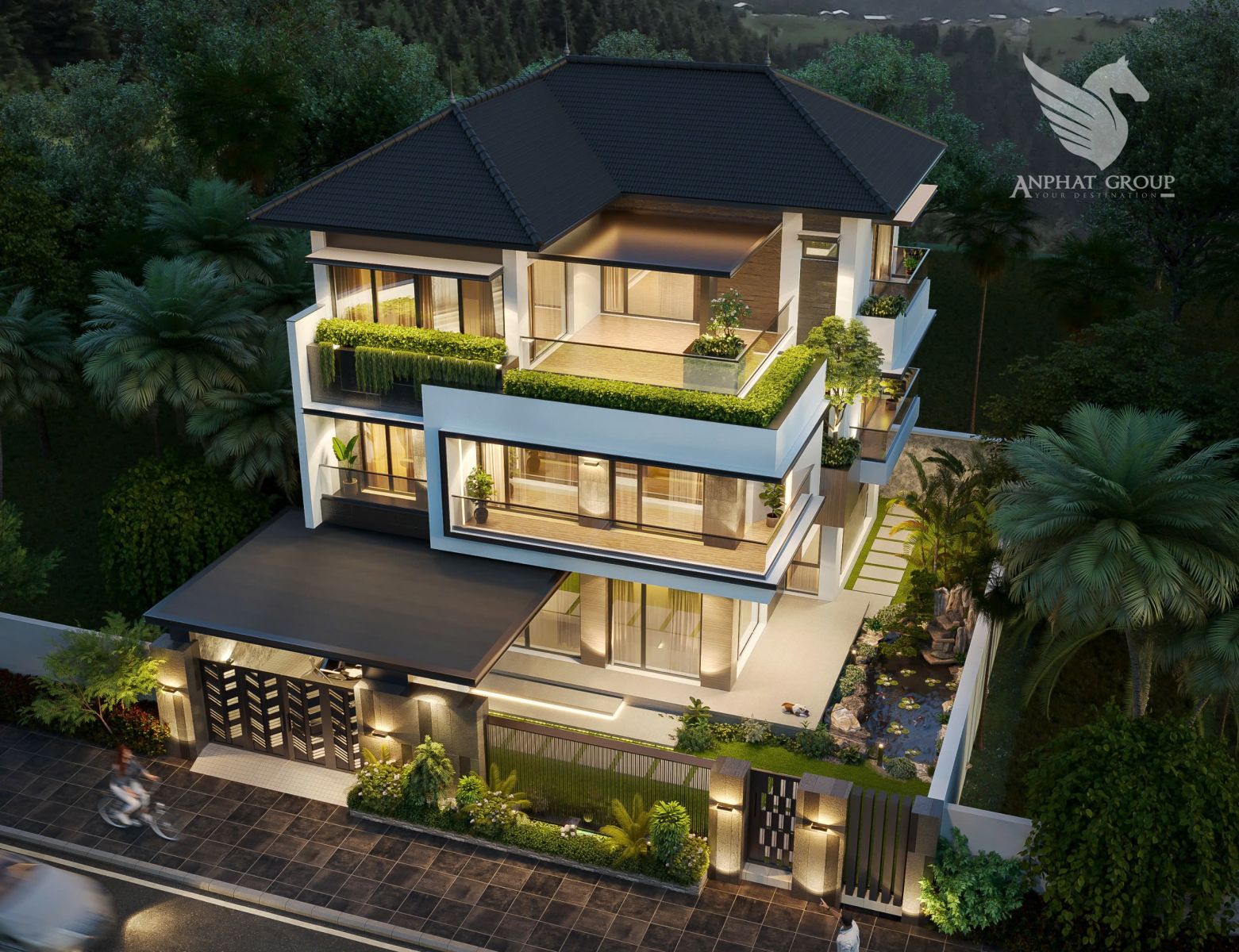 Phối cảnh tổng thể nhà 3 tầng hiện đại phong cách biệt thự mái nhật