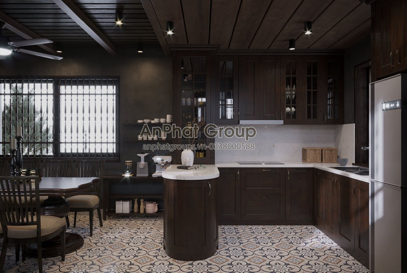 Không gian bếp với thiết bị hiện đại tiện nghi nhưng màu sắc và đường nét thiết kế mang âm hưởng truyền thống